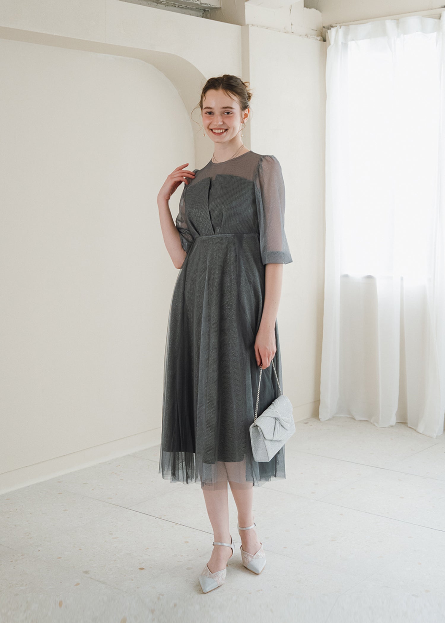 Dorry Doll 刺繍チュールワンピース グレー L ビスチェ風トップス ラメチュールワンピースドレス | DorryDoll