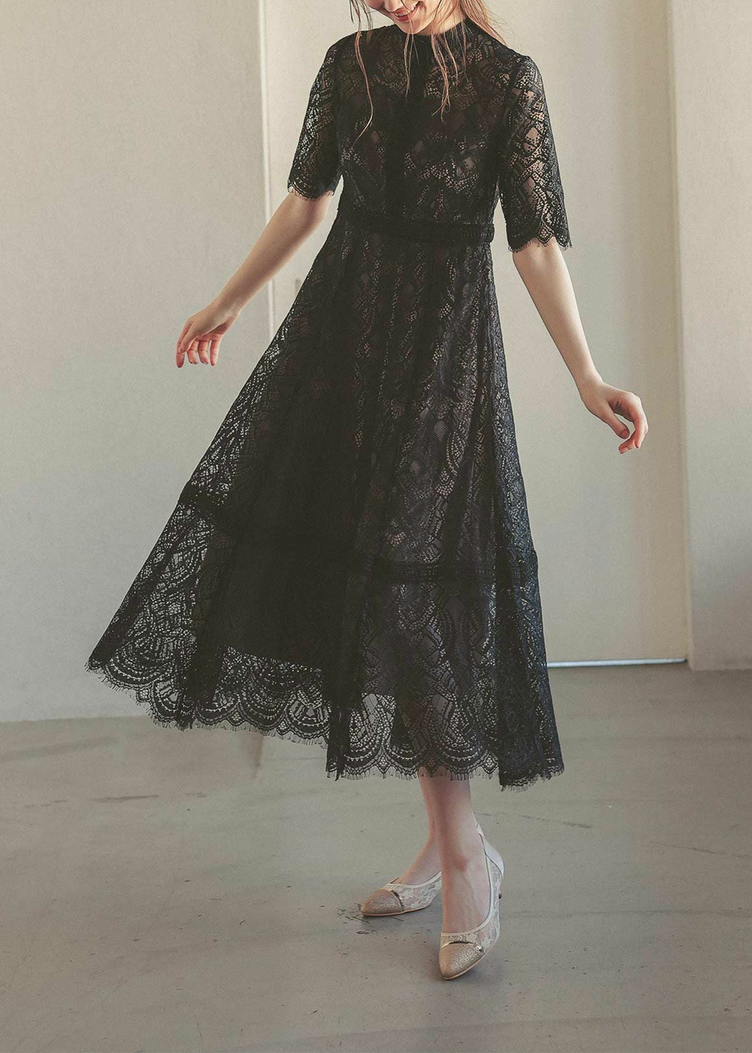 配色レース×ハシゴレース切り替えワンピースドレス|DorryDoll