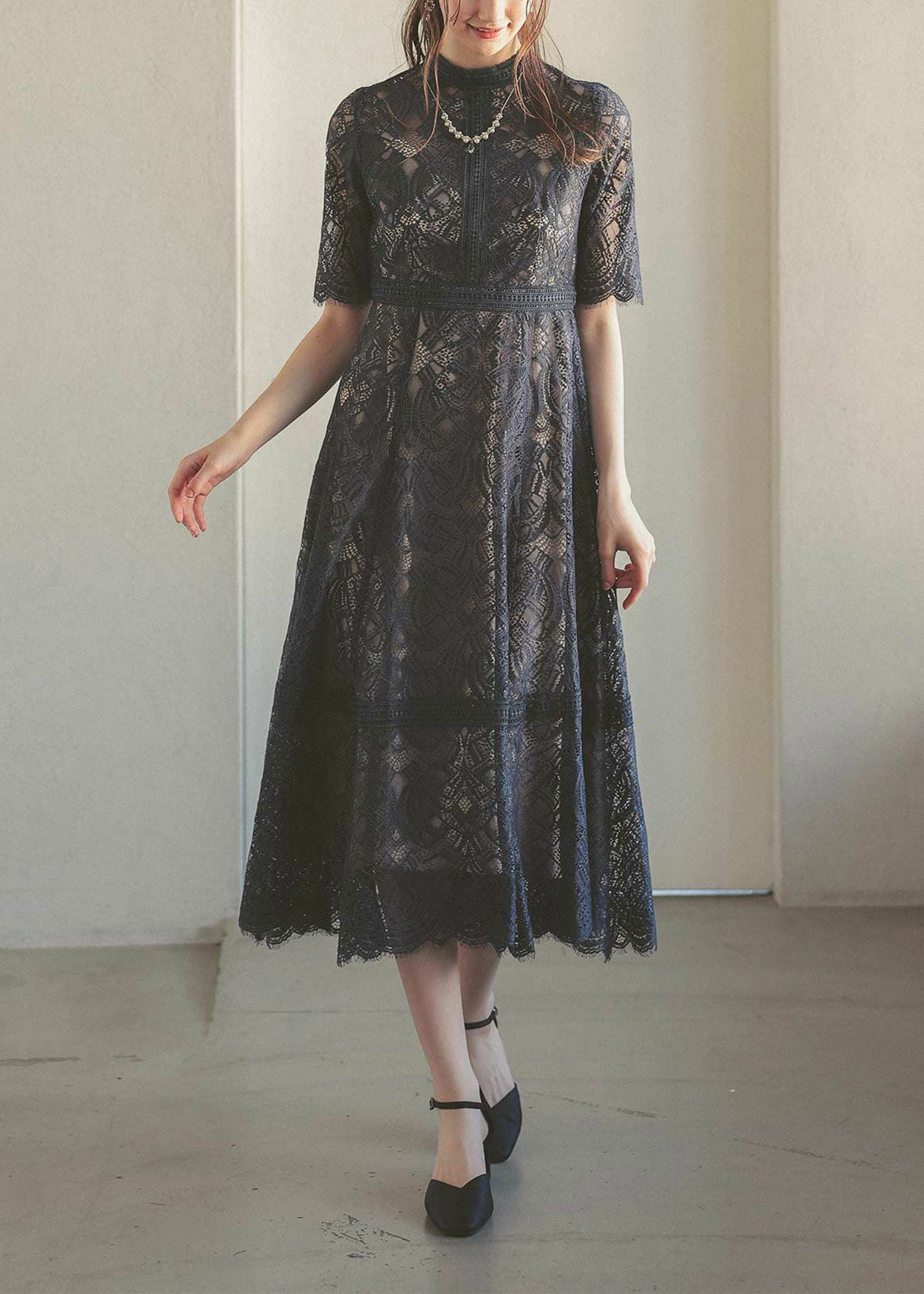 配色レース×ハシゴレース切り替えワンピースドレス|DorryDoll