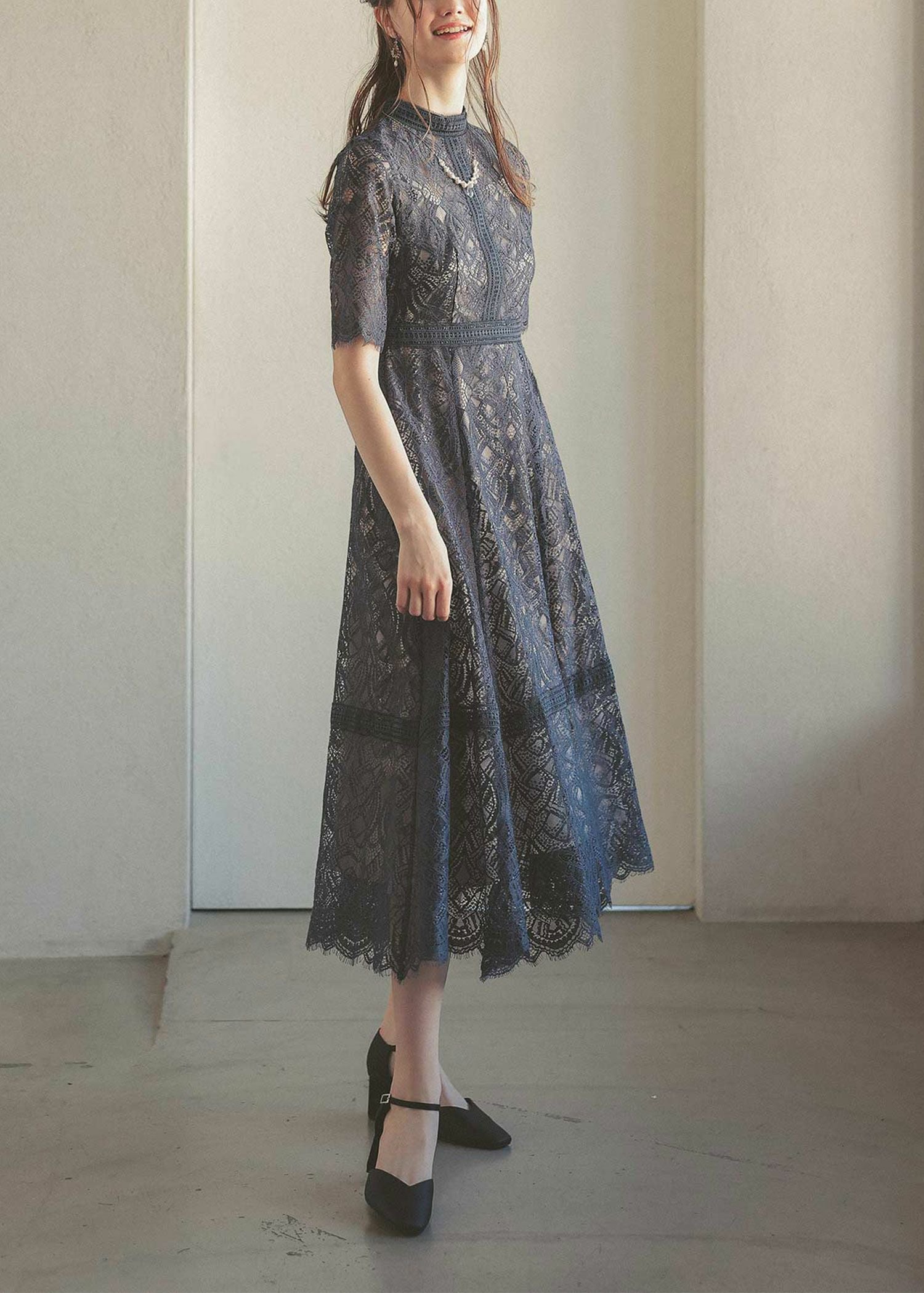 配色レース×ハシゴレース切り替えワンピースドレス|DorryDoll