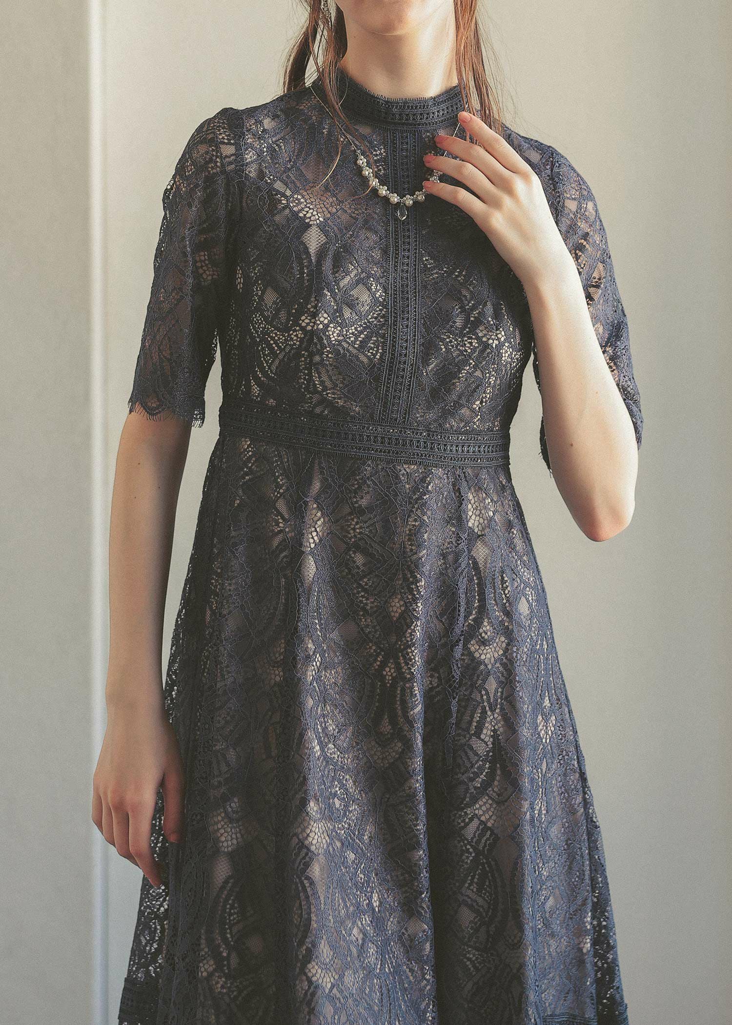 配色レース×ハシゴレース切り替えワンピースドレス|DorryDoll