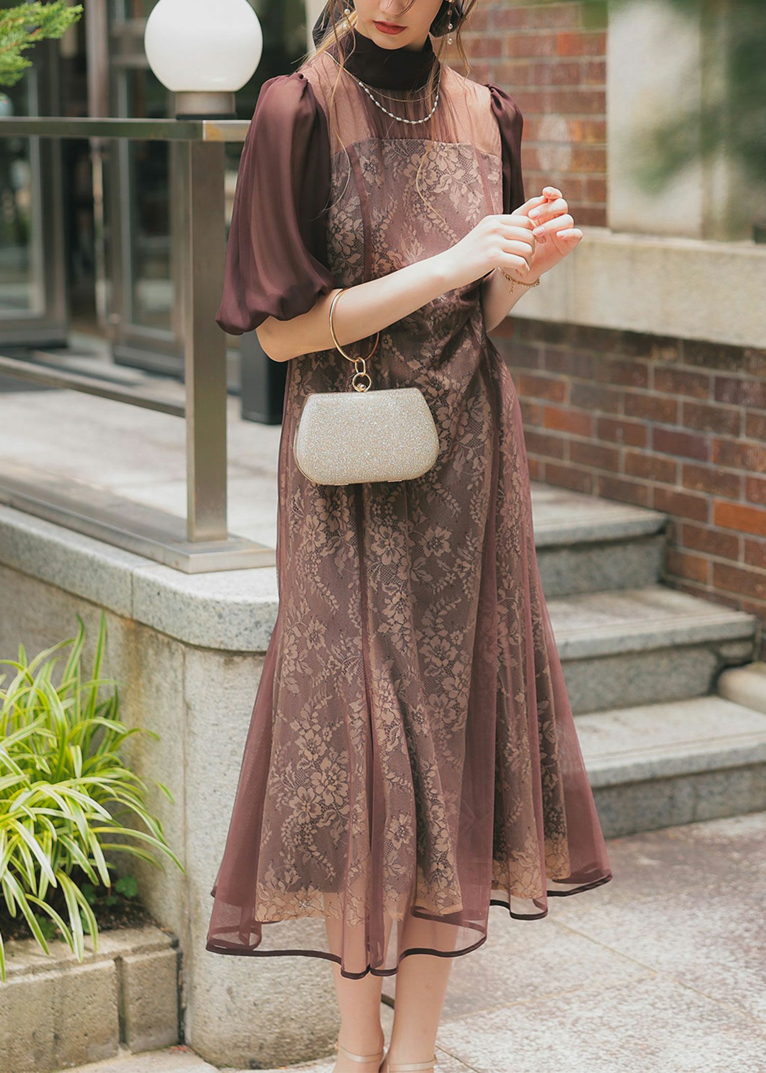 フラワーレースパフスリーブドレス|DorryDoll