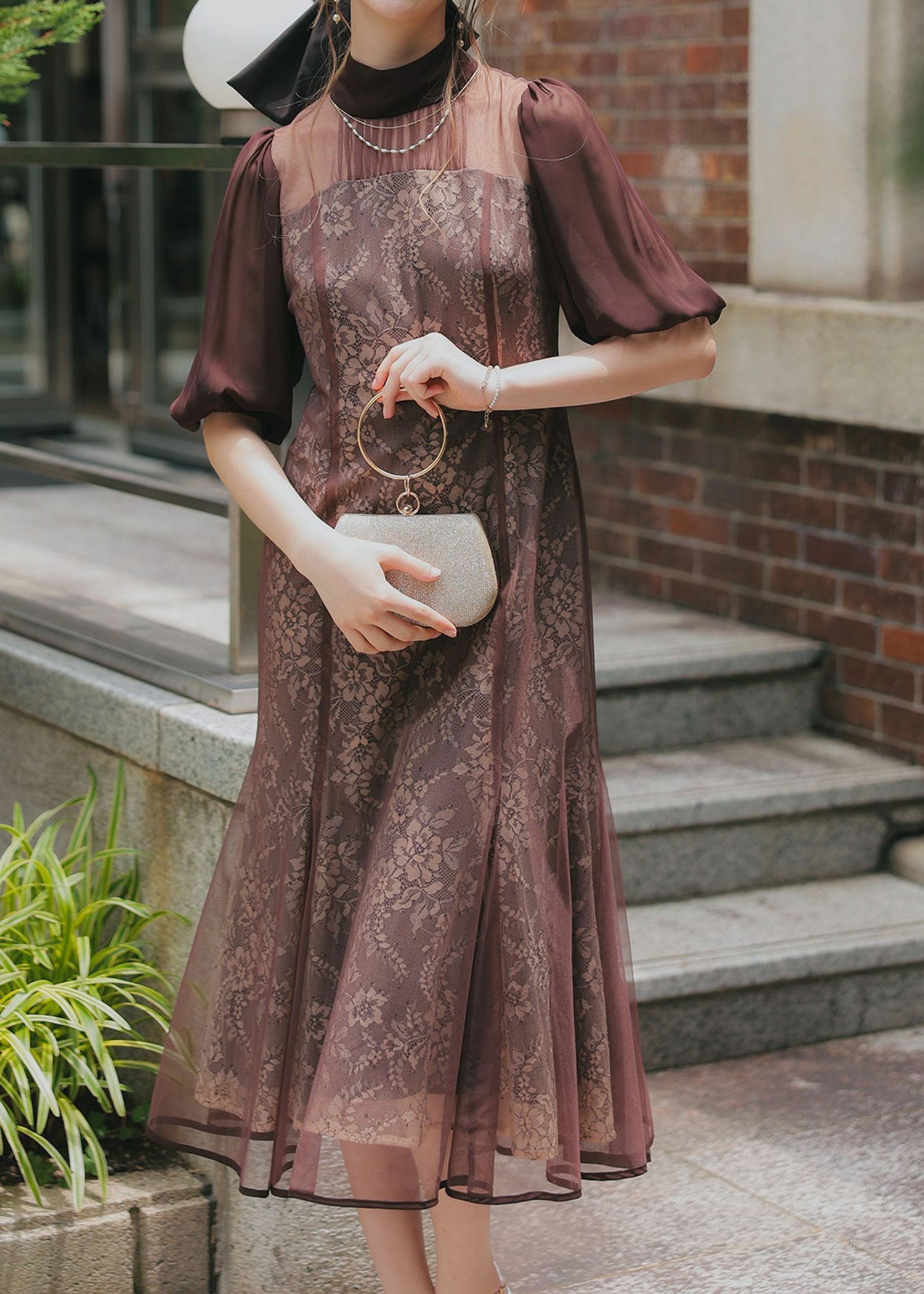 フラワーレースパフスリーブドレス|DorryDoll