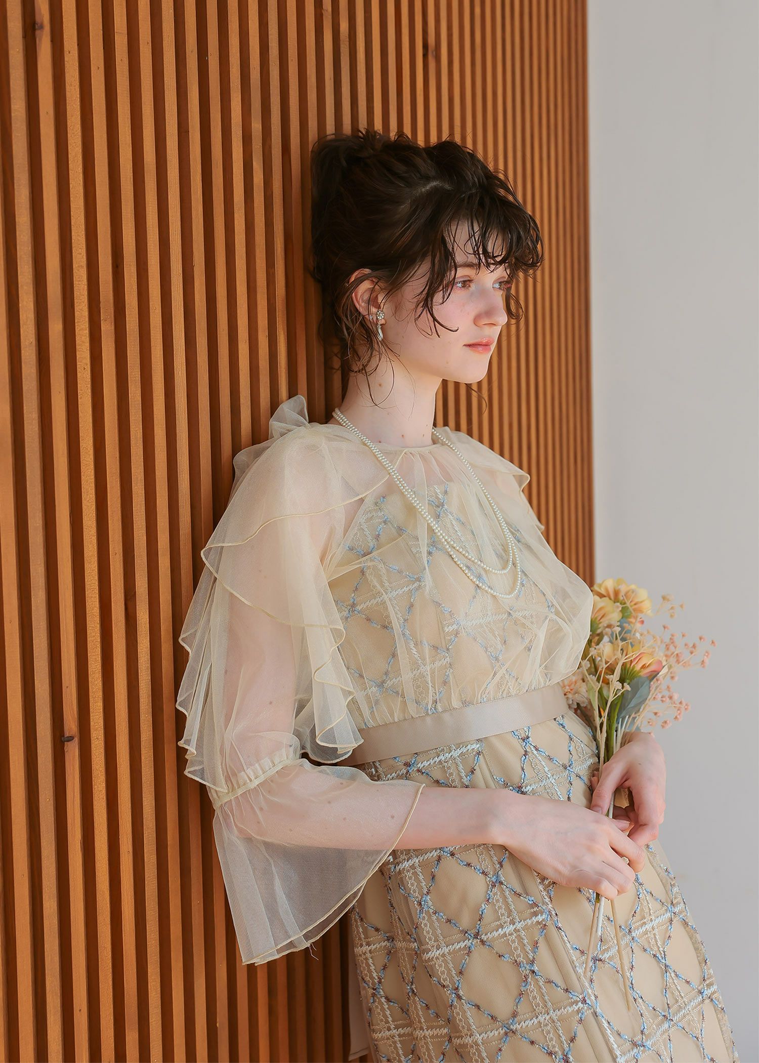 フリルスリーブチェックレースドレス|DorryDoll