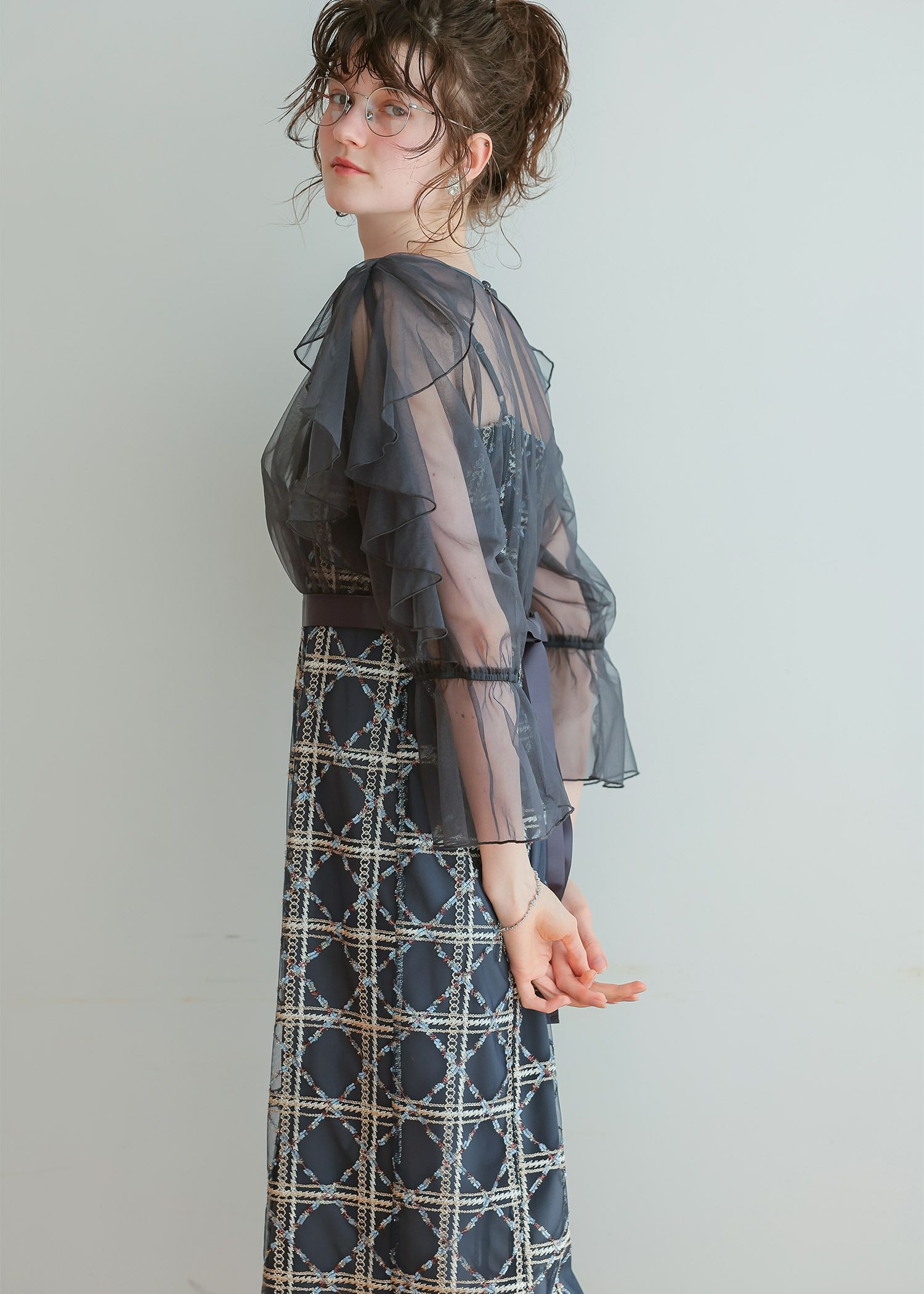 フリルスリーブチェックレースドレス|DorryDoll