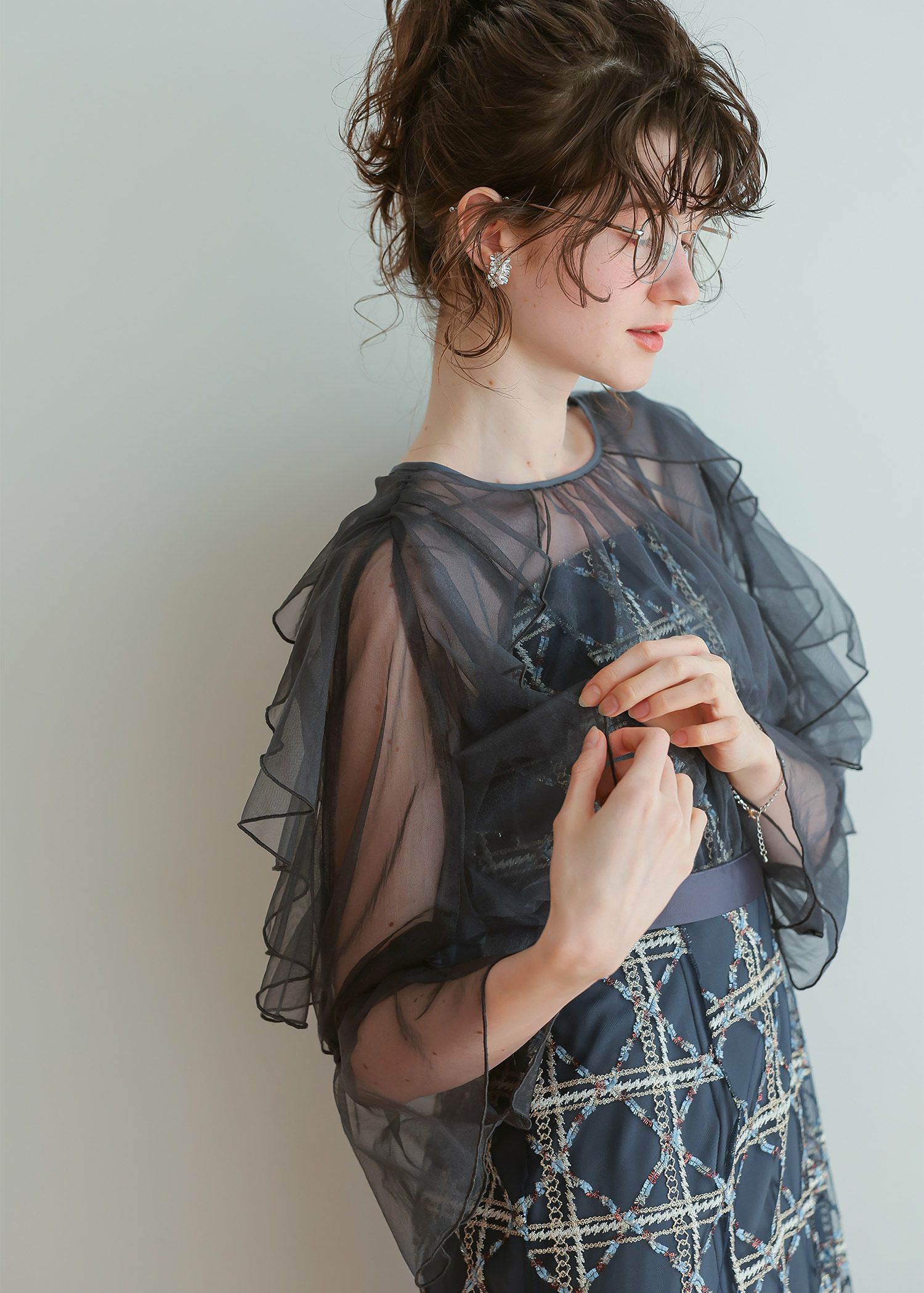 フリルスリーブチェックレースドレス|DorryDoll