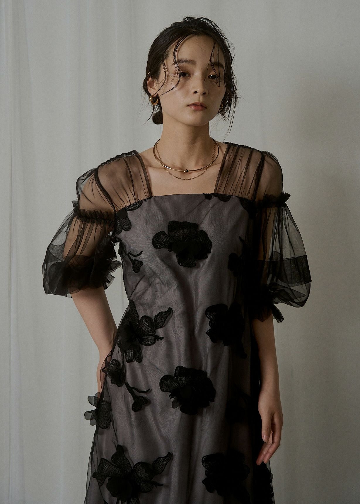 新品 リルアー　刺繍入りフリル袖ロングドレス Flower motif puffsleeve dress のドレス|Dorry Doll / LE'RURE