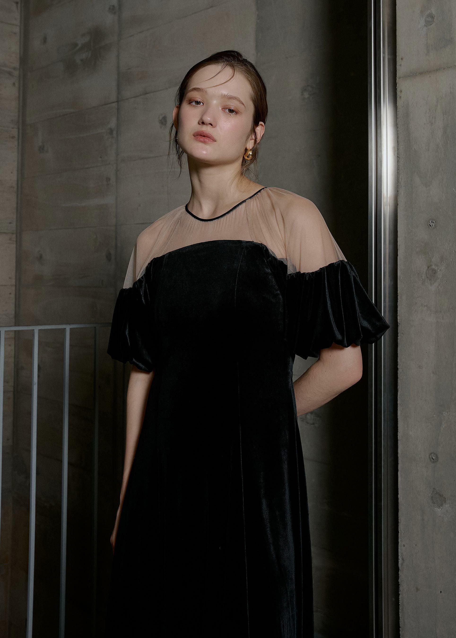 Cotton race souffle sleeve dress|LE'RURE