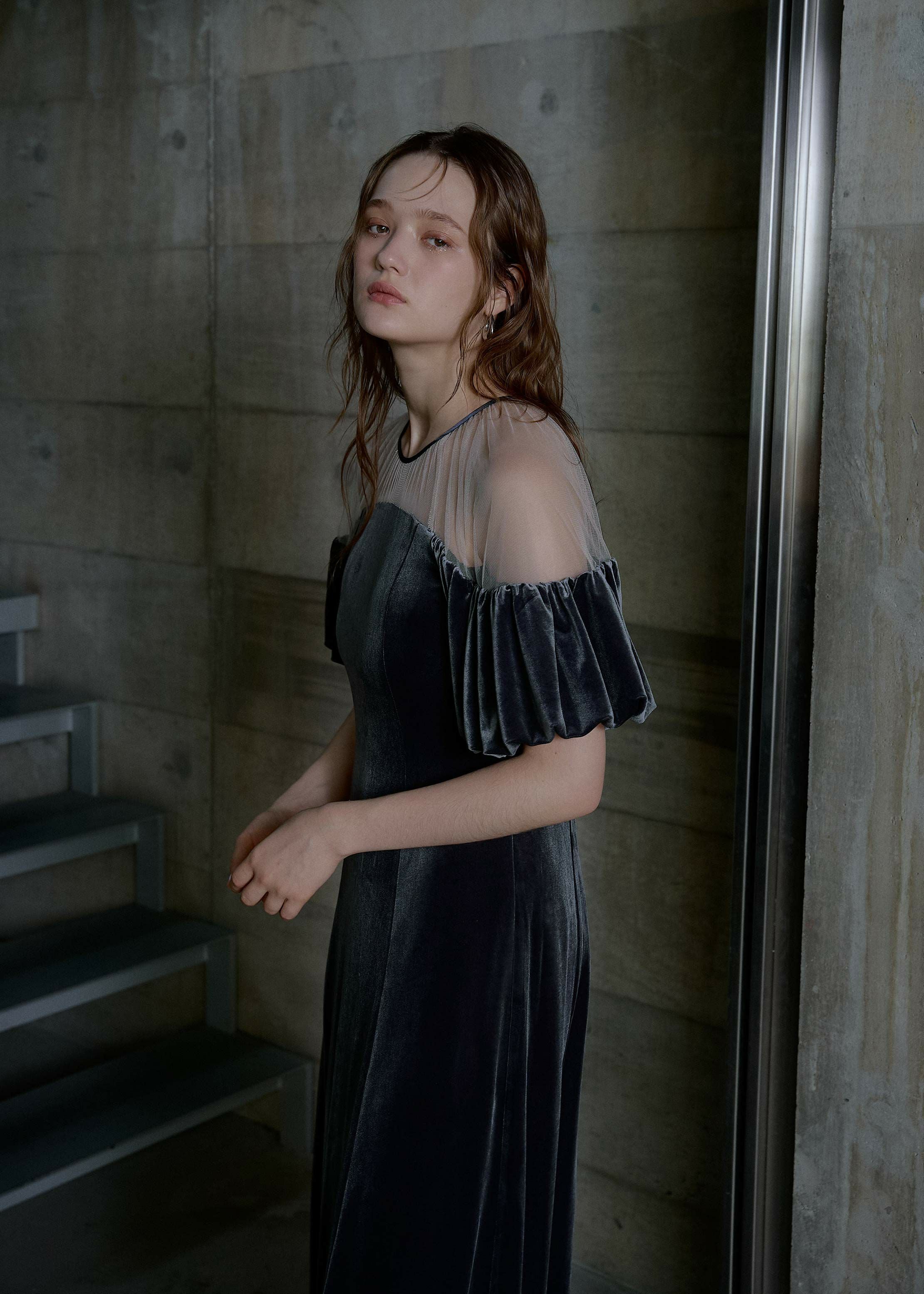 Cotton race souffle sleeve dress|LE'RURE
