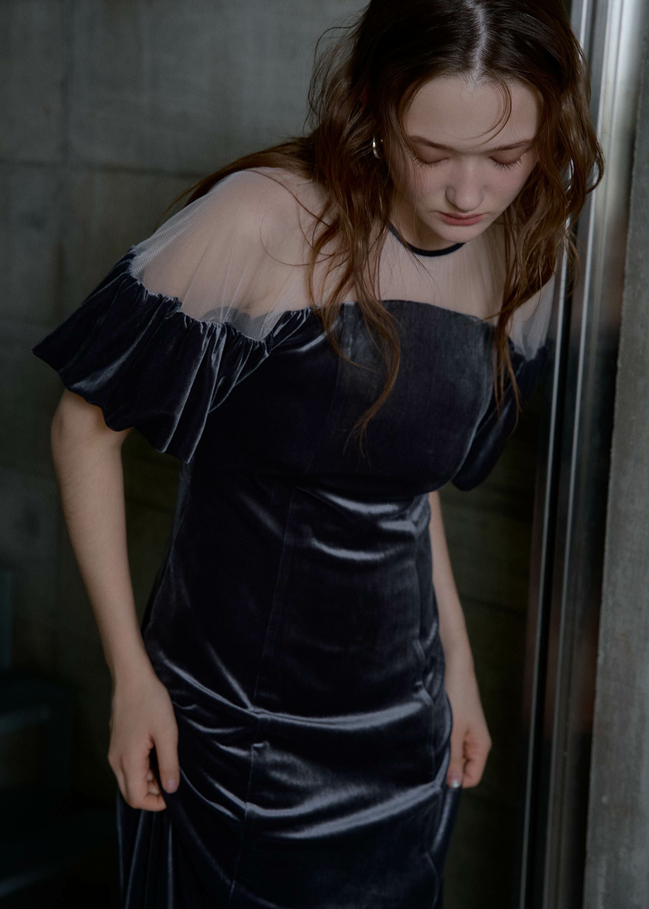 Cotton race souffle sleeve dress|LE'RURE