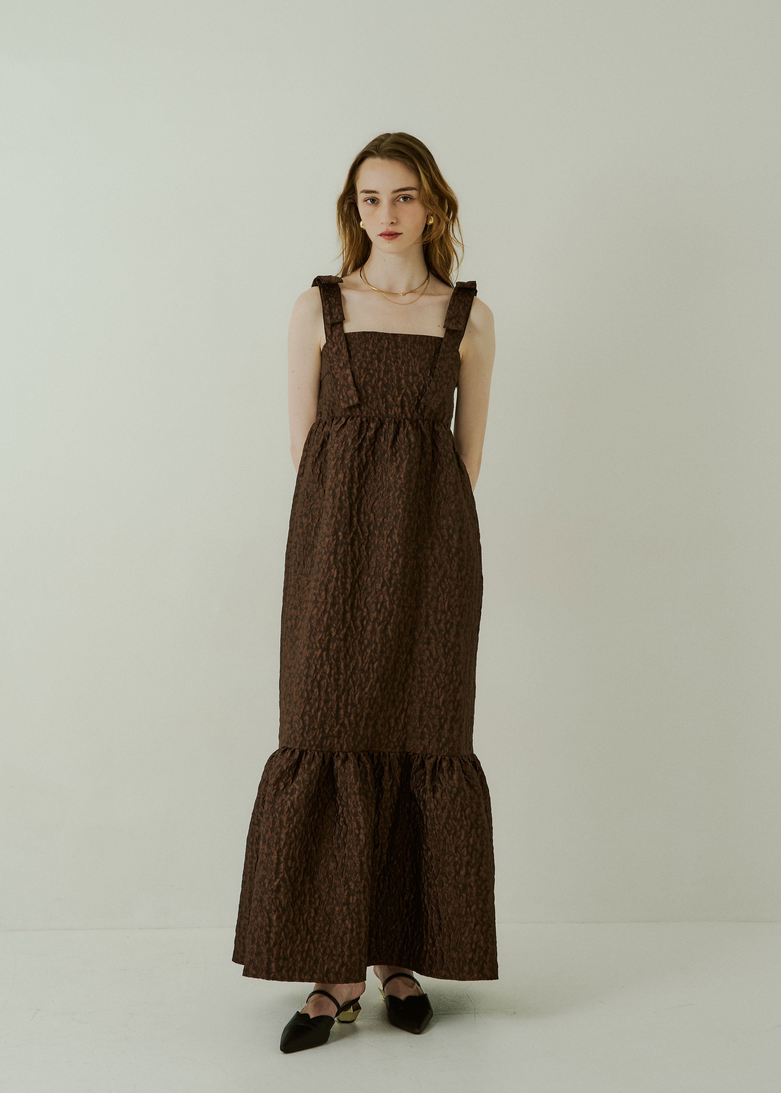 Dorry Doll ブラウン ロングドレス　LERURE Jacquard ribbon tiered onepieceのドレス|Dorry Doll / LE'RURE